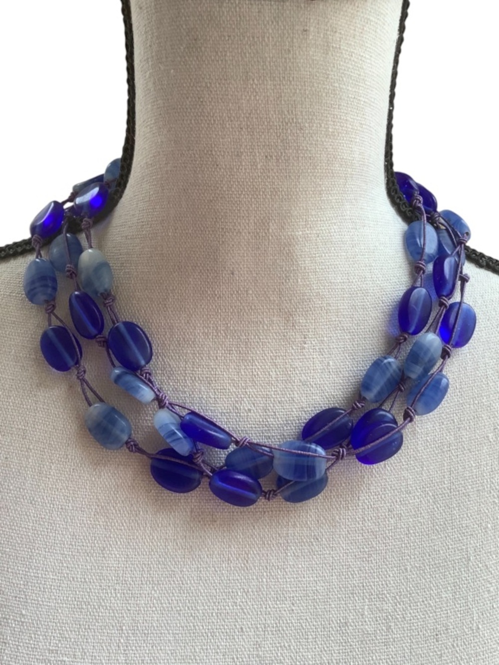Silver tone Blue Multi-Strand Bead Necklace - 16”